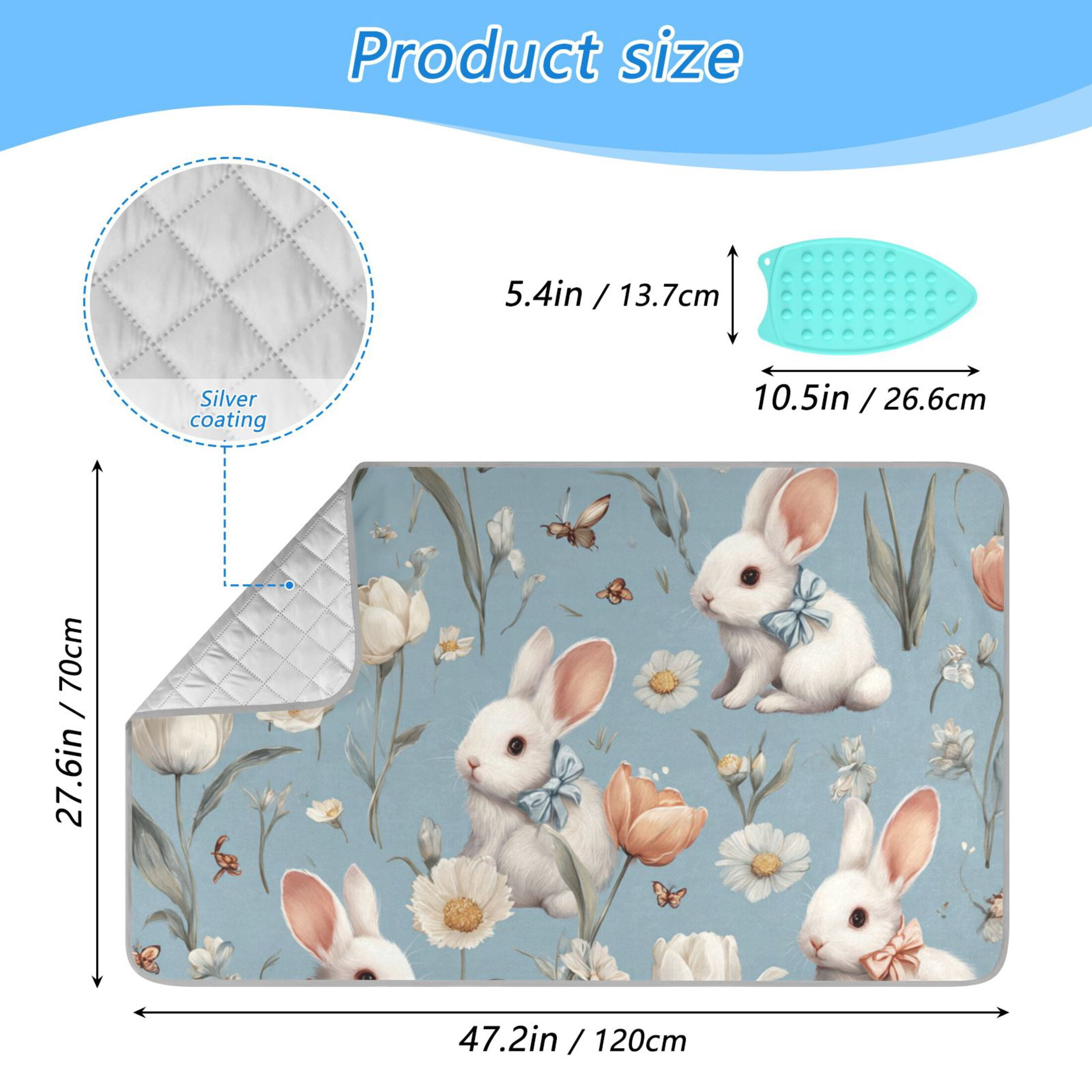 White Rabbits Flowers Butterflies Vintage Ironing Mat Blanket Portable Travel Ironing Pad Heat Resistant Pad 47.2" x 27.6”