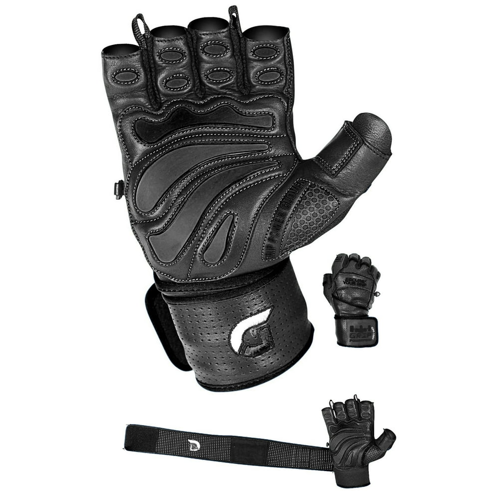 Grip Power Pads Elite Leather Gym Gloves with Built in 2" Wide Wrist
