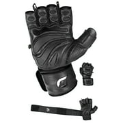 Grip Power Pads Elite Leather Gym Gloves with Built in 2" Wide Wrist Wraps Leather Glove Design for Weight Power Lifting Bodybuilding & Strength Training Workout Exercises