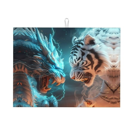 

Large Dish Drying Mats for Kitchen Counter - Blue Dragon and White Tiger 18x24In Anti-Slip Absorbent Microfiber Drying Mat for Kitchen Counter Mat Dish Rack Mat with Hanging Loop