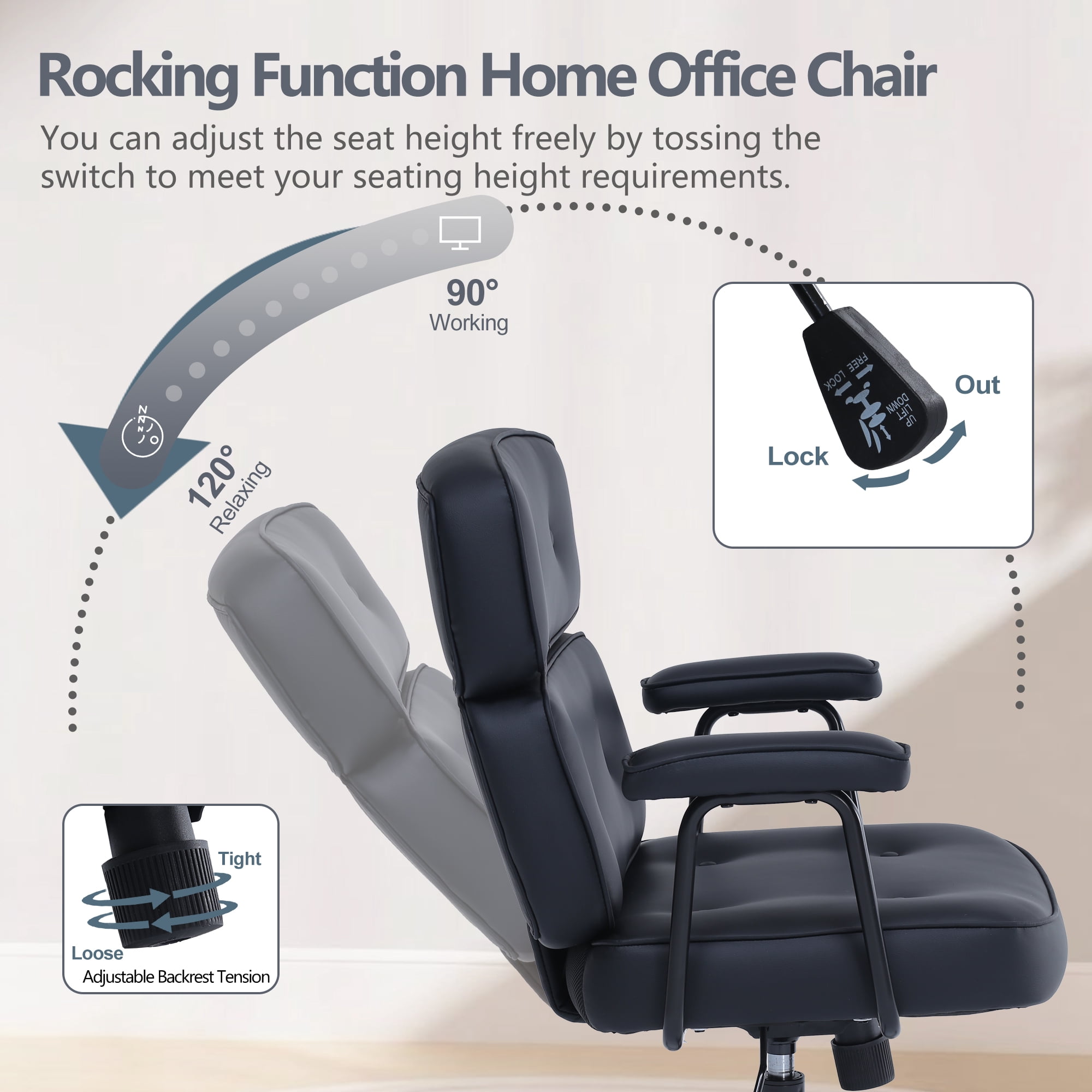 ENYLAY PU Leather Executive Office Chair, Extra Wide Ergonomic Computer Chair with Lumbar Support, Swivel Rocking, Adjustable Height & Thickened Cushions, Mid Back (Black)