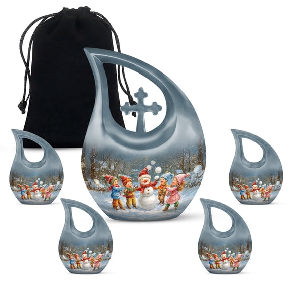 MUKTIVE Snowman Cremation Urn for Human Ashes Adult Mom & Dad, Combo Sets Memorial Urns for Adult Man, Urns for Funeral, Decorative Urn for Male & Female(1 Large 10 ", 4 Keepsake 3 ")