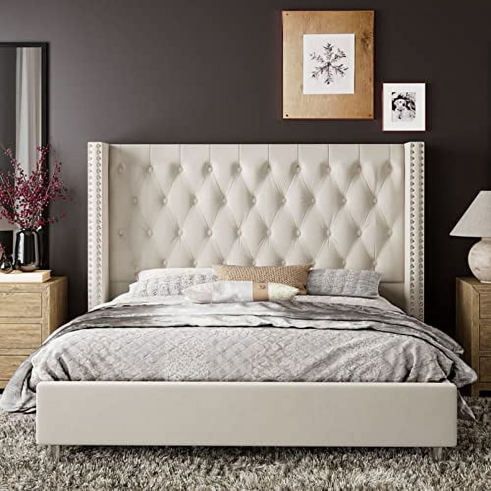 VanAcc King Bed Frame Upholstered Bed Wingback Headboard Velvet Tufted Diamond Button/No Box Spring Needed/Easy Assembly/Cream