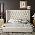 thumbnail image 4 of VanAcc King Bed Frame Upholstered Bed Wingback Headboard Velvet Tufted Diamond Button/No Box Spring Needed/Easy Assembly/Cream, 4 of 8