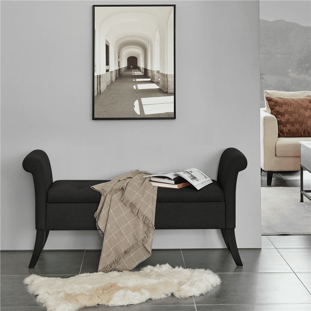 Yaheetech Modern Fabric Tufted Storage Bench Cushioned Ottoman Bench with Rolled Arms, Black