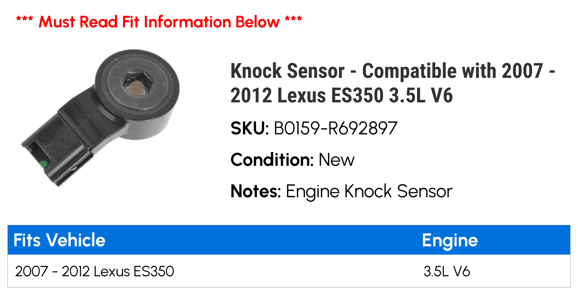 Knock Sensor - Compatible with 2007 - 2012 ES350 3.5L V6 2008 2009 2010 2011