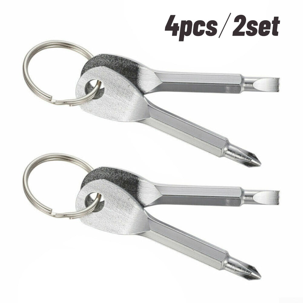 4PCS Mini Pocket Screwdriver Set Keychain Outdoor Tool Kit Stainless Steel Black+Silver 