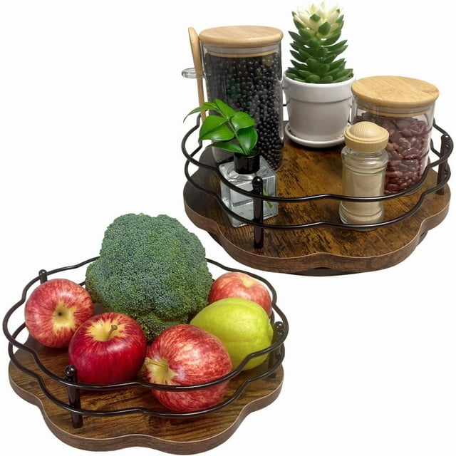 baomifa-2 Pack 11 Pouces et 12 Pouces Bois Organisateur de Plateau Tournant Paresseux Susan, 360° Rotatif Antidérapant Organisateur d'Épices Paresseux Susan avec Bord Supérieur pour Table Armoire Cuisine Comptoir Table à Manger Bar à Café