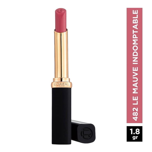 labial l'oréal riche intense volume matte 482 mauve indomptable 1.8 g labial en barra mate tono 482 mauve indomptable con tubo negro mate y anillo dorado; barra parcialmente desplegada que muestra punta biselada y color mauve, tapa negra con logo apoyada sobre fondo blanco; útil para búsquedas de labial mate, volumen e hidratación.