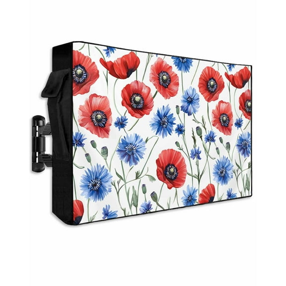 Blue Poppy Flower Outdoor TV Cover 52 to 55 Inch Weatherproof, Watercolor Red Independence Day 600D Oxford TV Covers with Waterproof Zipper, Outside Flat TV Screen Protector Size 52"W x 19"H x 4.5"D