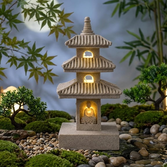Solar Japanese Lantern Statue 10 Inch Weatherproof LED Light Khaki