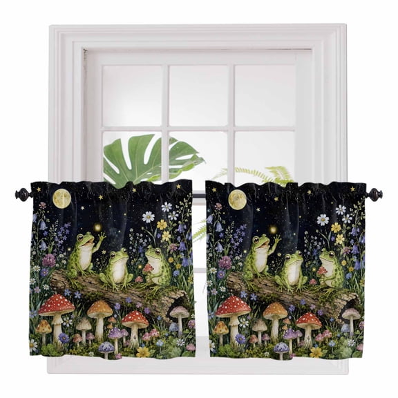 Frog Flowers 2 Panel Kitchen Curtains for Small Windows, Farmhouse Mushroom Moon Star Floral Herbs Bathroom Tier Curtain, Short Window Treatment for Bedroom/Living Room 55"x36"