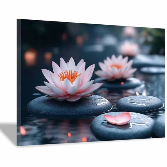 Mudket Pink Lotus Flower on Zen Stones Canvas Wall Art, Floral Botanical Wall Decor, Framed Ready to Hang Artwork for Living Room Bedroom Bathroom Spa - 12"L x 8"W