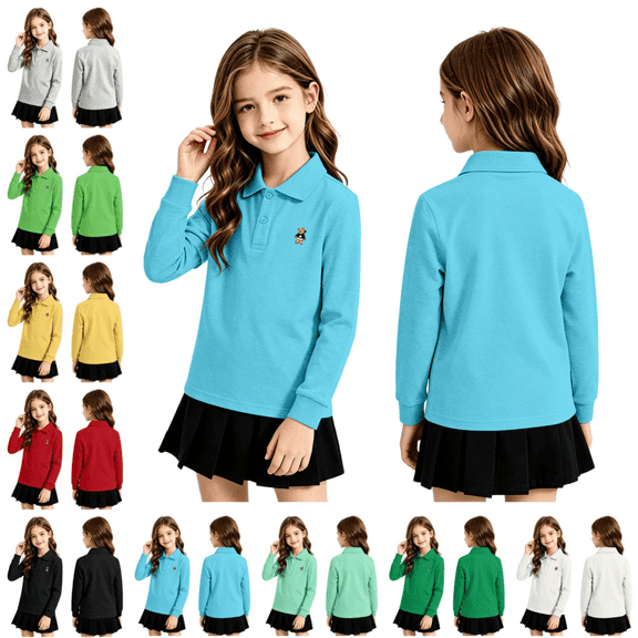 longantii School Polo Shirts for Girls Boys Basic Long Sleeve Back To School T-Shirts Modern Fit Fold Collar Uniform Shirts Solid Color Spring Fall Outfit Blue 8-9 Year