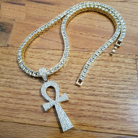 Men's Hip Hop 14K Gold Tone Ankh Cross Pendant w/ 16