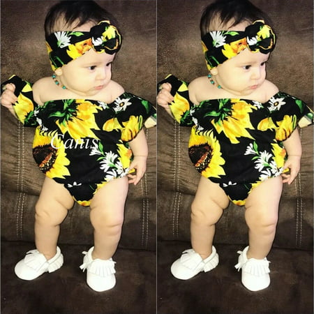 US Summer Clothes Newborn Infant Baby Girl SunFlower Romper Bodysuit 3Pcs