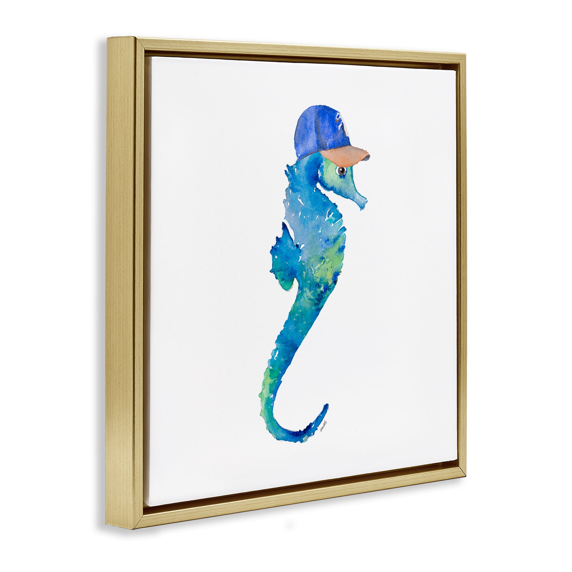 Stupell Industries Blue Seahorse in Hat Novelty Painting Gold Floater Framed Canvas Art Print Wall Art, 18 x 18