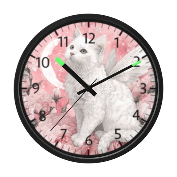 DIXRUYEE Voice Activated LED Night Wall Clock Size:12in Rosy Winged Cat Pattern