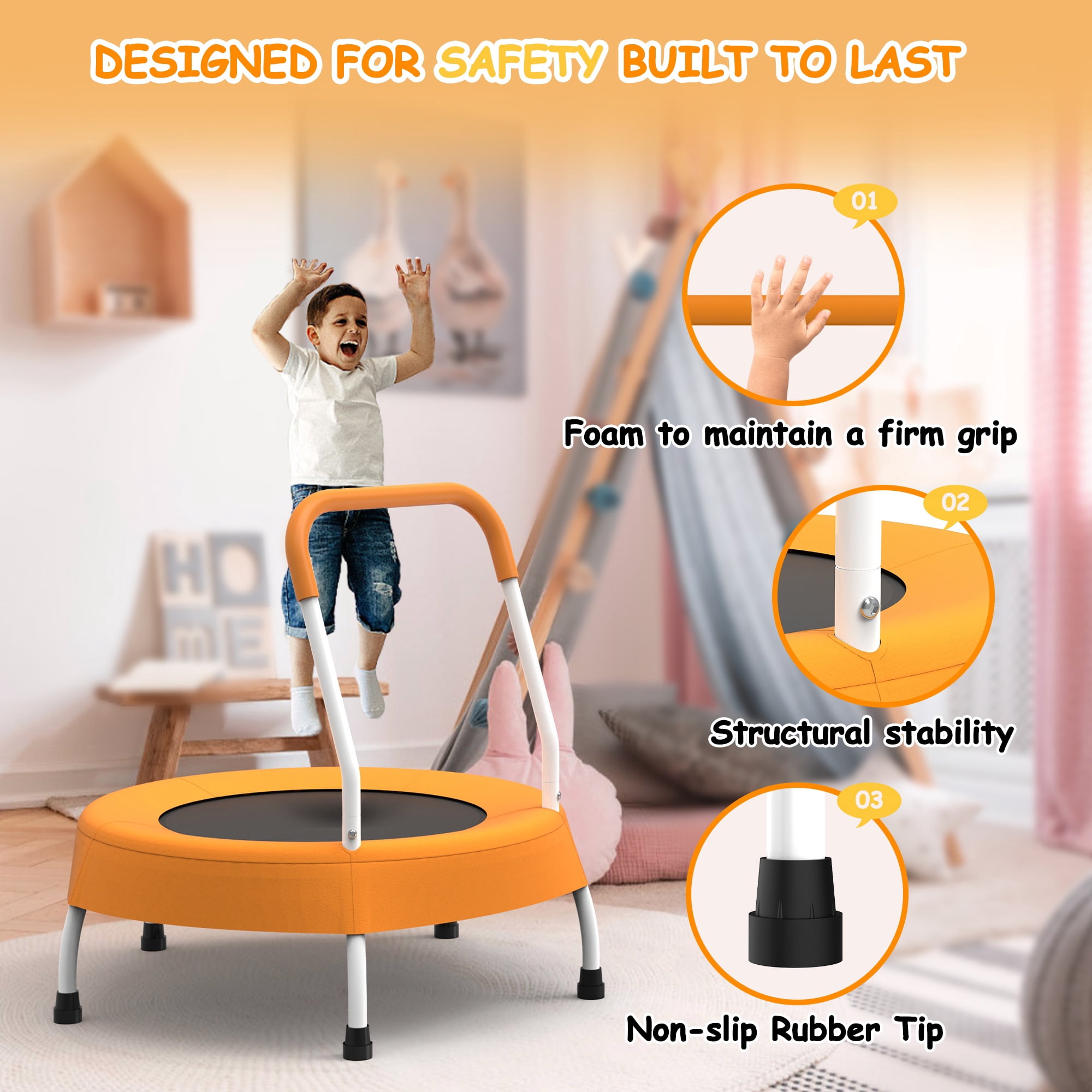 28" Mini Trampoline for Kids with Handle, Toddler Trampoline, Exercise Rebounder with Foam Handle, Indoor Trampoline, Kids Mini Trampoline, Small Rebounder Trampoline for Indoor and Outdoor Use