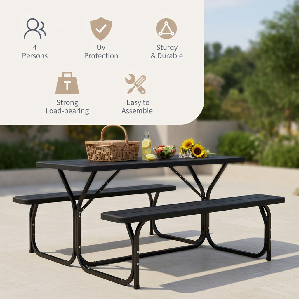 Hommoo Heavy-Duty HDPE Outdoor Picnic Table & Bench Set, Weather-Resistant, Stain-Proof, Black