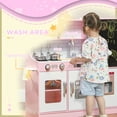 thumbnail image 6 of Qaba Play Kitchen, Pretend Kids Kitchen Playset with Play Phone, Chalkboard, Towel Rack, Ice Maker, 5 Accessories, Storage Space & Microwave, Pink, 6 of 10