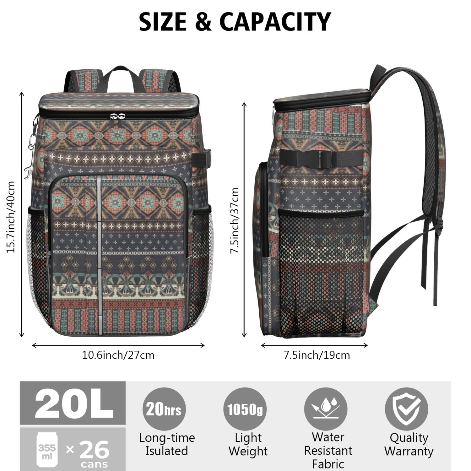 Travel Cooler Bag - Boho Bohemia Pioneer Flower Geometric Line Art Camping Beer Cooler Backpack with Bottle Opener- Waterproof Insulated Picnic Backpacks - Cooler Bag for Beach