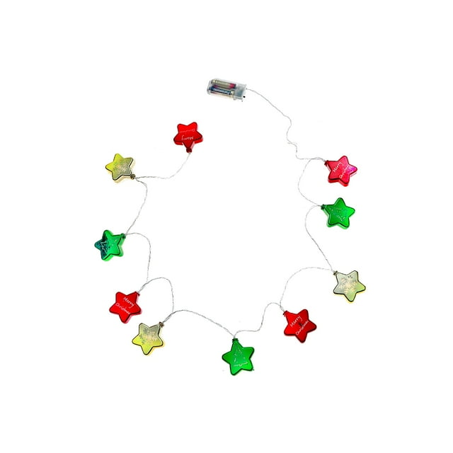 LED string lights featuring 10 metallic star-shaped covers in red, green, and gold with Christmas-themed designs for festive décor.