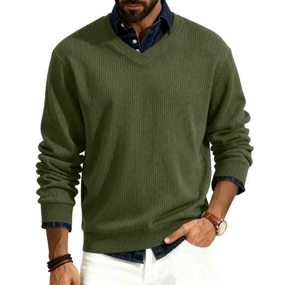 CharmCyan Men’s V Neck Ribbed Knit Pullover Sweater Classic Long Sleeve Lightweight Knitwear Casual Fit Jumper for Everyday Wear Army Green L