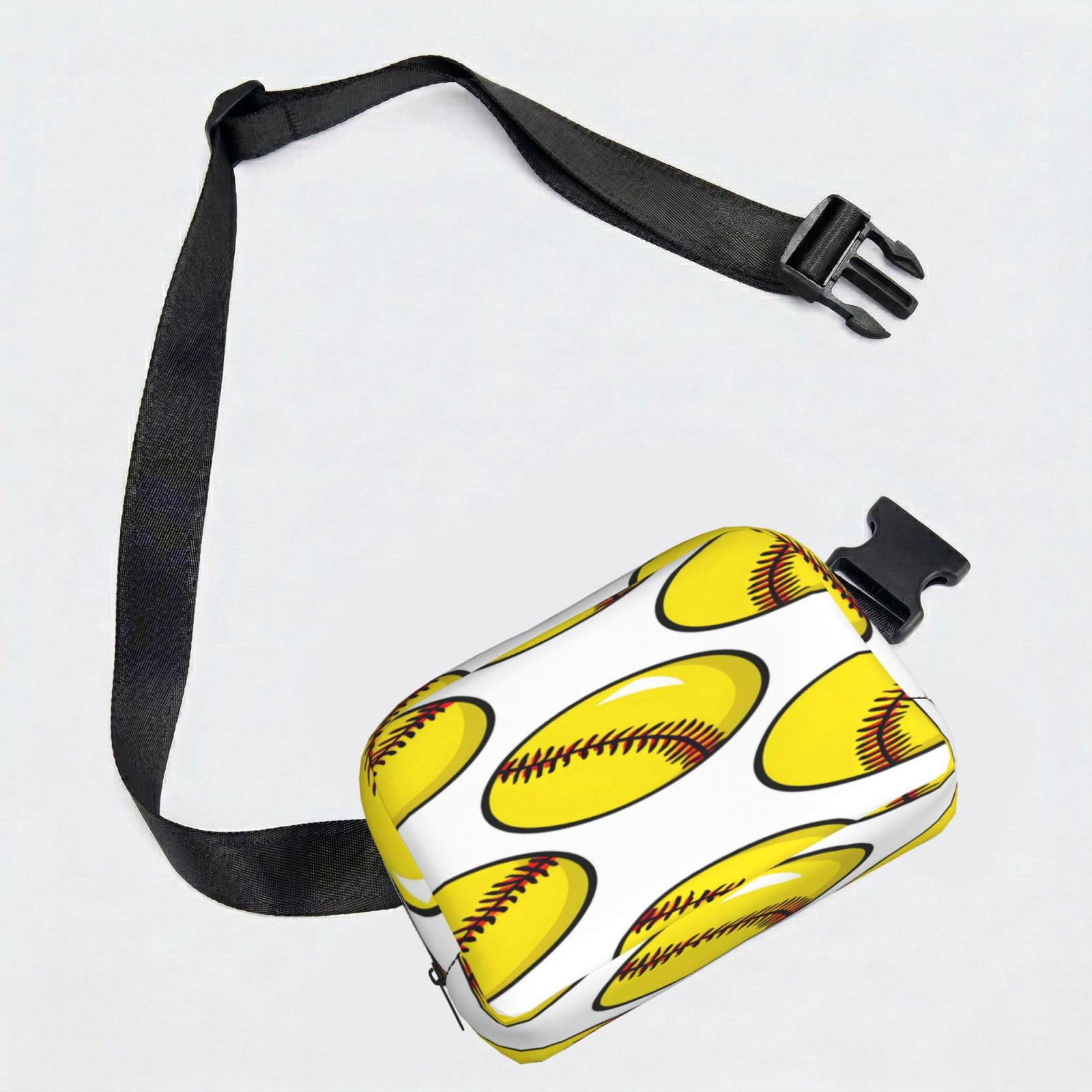 Unisex Square Waist Bag Stylish Backpack For Hiking Running Fitness Workouts Shopping And Travel Yellow Softballs With Red Stitching Clean White Background (4)