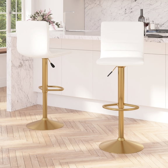 Merrick Lane Set of 2 Contemporary Height Adjustable Swivel Stools with White Vinyl Seat and Back and Gold Pedestal Base with Footrest