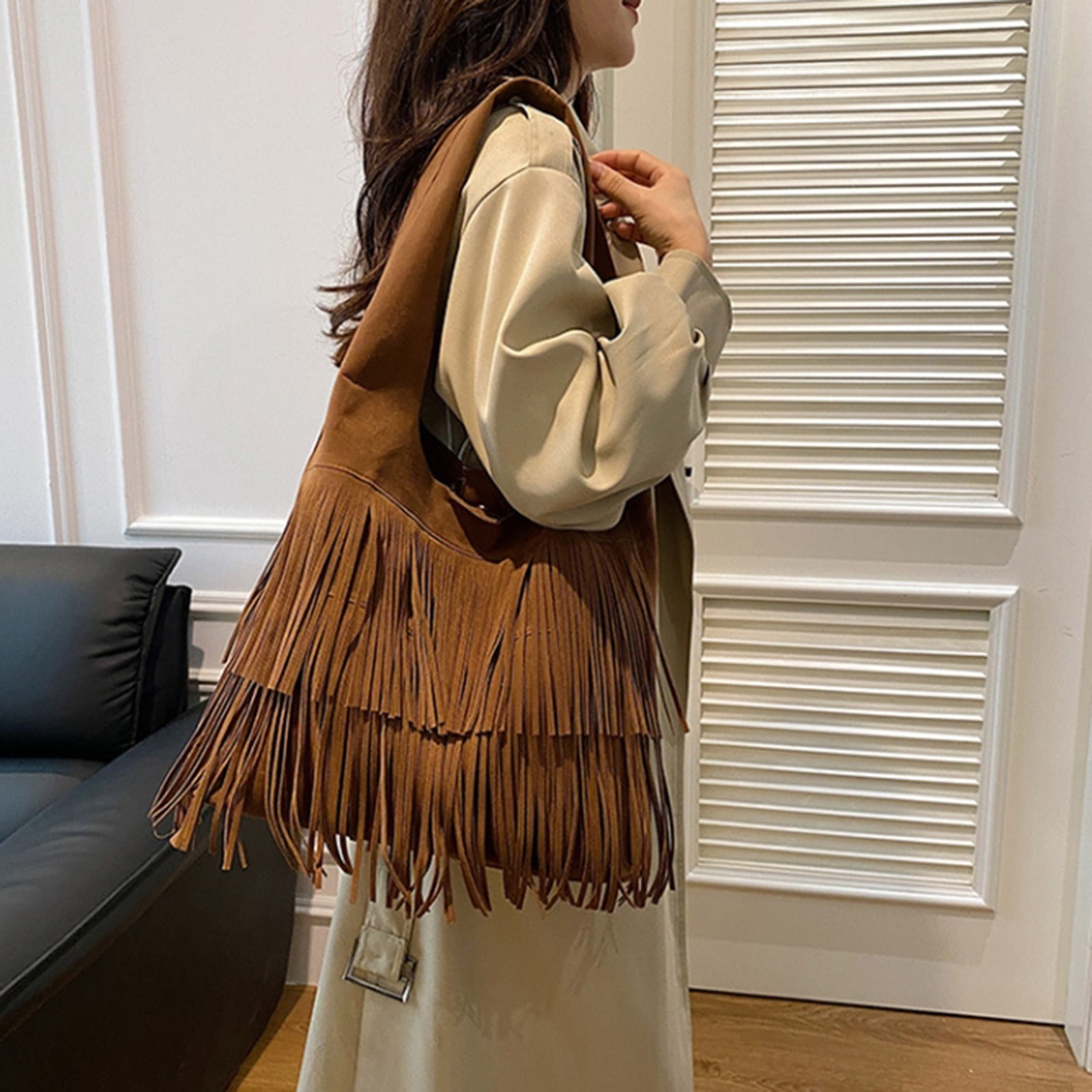 Womens Suede Shoulder Bags Vintage Fringe Handbag Lightweight Tassel Western Purse Large Capacity Tote Bag