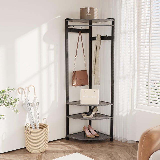 Corner Coat Rack with 3 Storage Shelves, Hall Tree with Hanging Rod & 6 Double Hooks, Corner Entryway Organizer for Shoes, Clothes & Hats