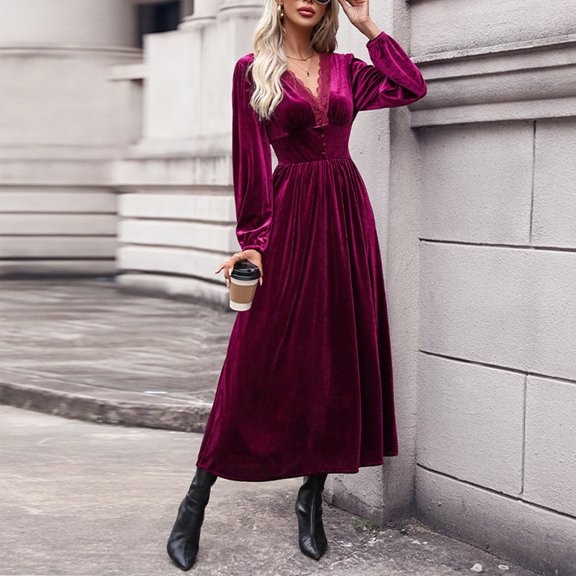 HAPIMO Women's Tea Length A Line Velvet Dress Solid Color V Neck Lace Crochet Long Sleeve Clearance Trendy Elegant Casual High Waist Spring Red L