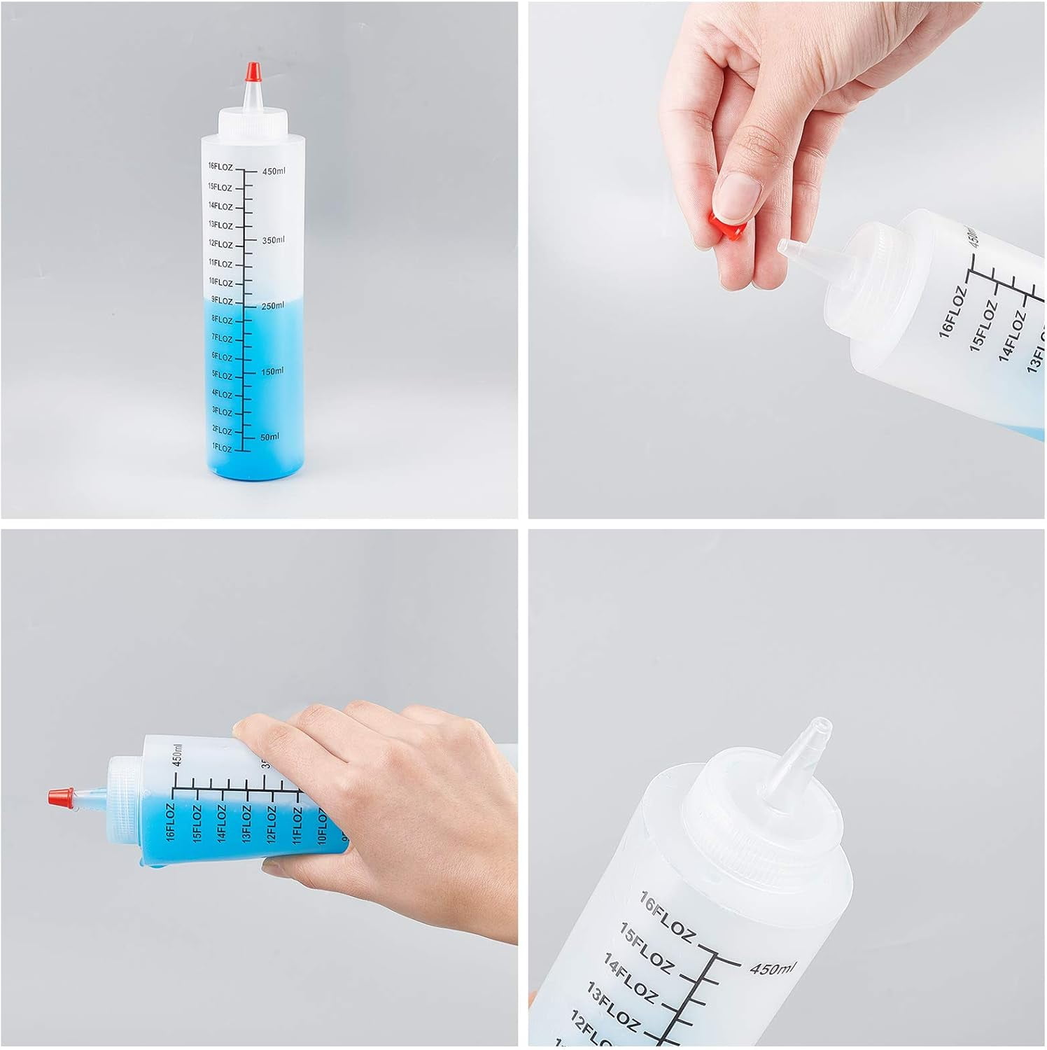 15oz Plastic Squeeze Bottles with Scale Red Tip Cap 450ml Squirt Bottles with Sticker Labels for Glue Acrylic Paint Arts Crafts 12 Pack