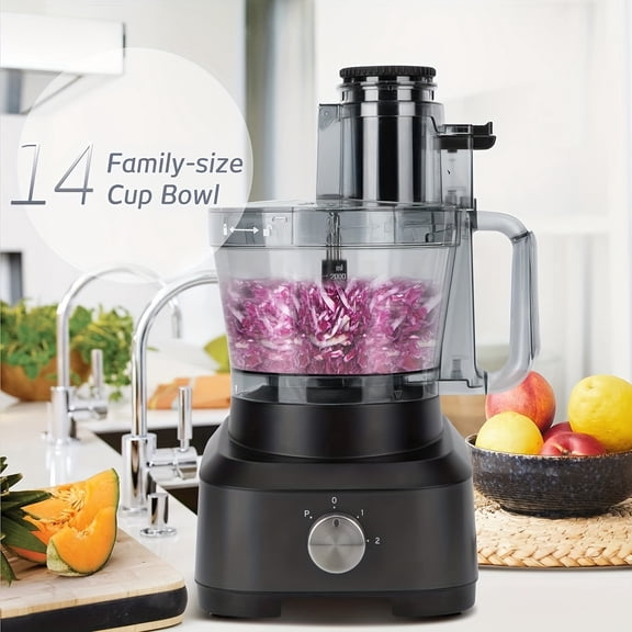 7-in-1 600W Food Processor - 14-Cup XL Bowl Spray Black Stainless Steel Machine, Meat Chopper Slicer for Kneading & French Fries