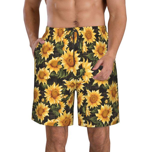 Balery Vintage Black Plaid Sunflower Traje de Baño Estilo Hawaiano para Hombre, Shorts de Secado Rápido con Bolsillos-Medium