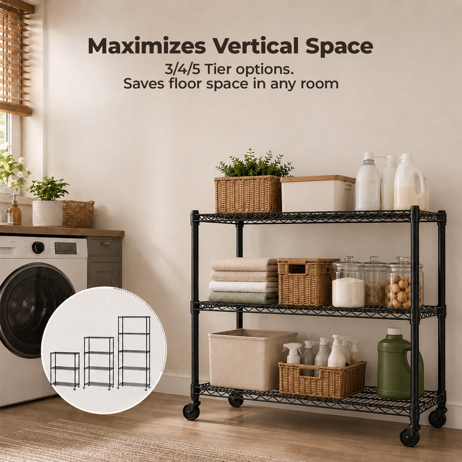 Alvantor 3/4/5 Tier Heavy Duty Adjustable Metal Shelf with Wheels, No-Tool Assembly, Suitable for Garages, Kitchens, Storage Rooms, Laundry Rooms and Offices