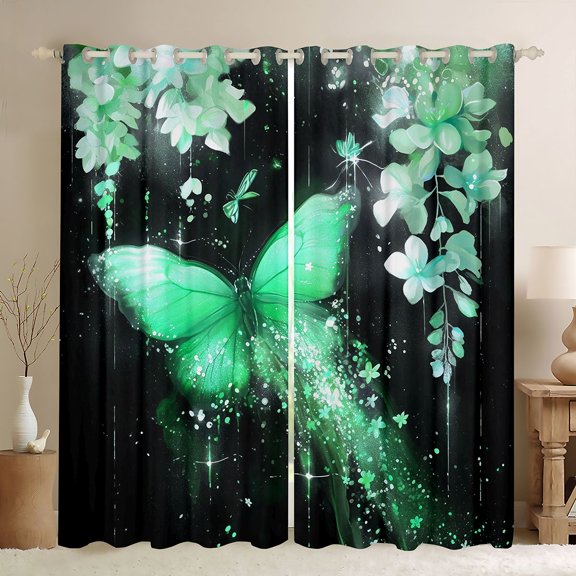 Castle Fairy Gradient Butterfly Blackout Curtains Set of 2 (52x84 Each) for Adults Female Men,Black Green Window Curtains,Chic Floral Flowers Curtains and Drapes,Ultra Soft Home Decor