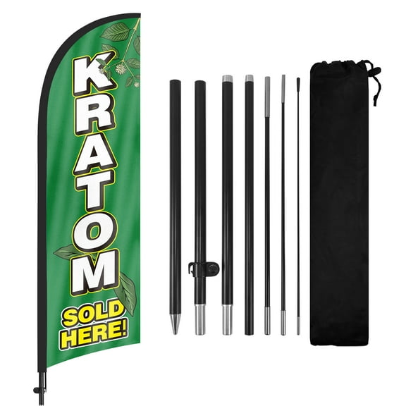 QSUM Kratom Tobacco Feather Flag with Flag Pole Kit and Ground Spike, 8.2FT Kratom Tobacco Windless Flag Banner Sign Business for Outdoor Advertising Sign Decoration Display