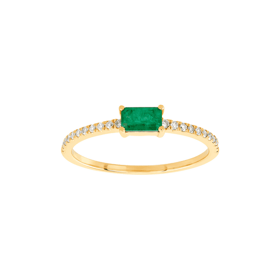 Women's Welry Emerald-Cut Natural Emerald Ring with 1/10 cttw Diamonds in 14kt Yellow Gold