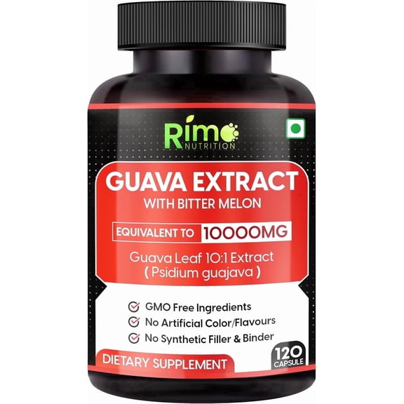 Rimo Nutrition Lab Tested Guava Leaf Extract Capsules with Bitter Melon 120 Capsules NON GOM, Vegan, 1000mg Per Serving | For Men & Women