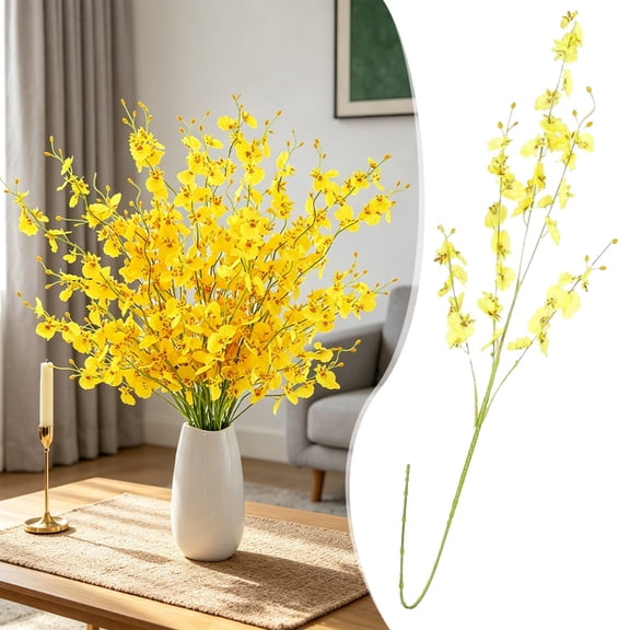 Souew 5 Stems Artificial Yellow Dancing Orchid Bouquet, Realistic Long Stem Fake Silk Flowers, Lifelike Faux Floral Arrangement for Indoor Outdoor Wedding Home Table Vase Decor