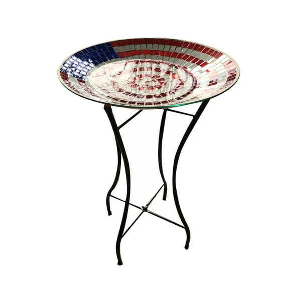 American Flag Mosaic Glass Birdbath With Metal Stand
