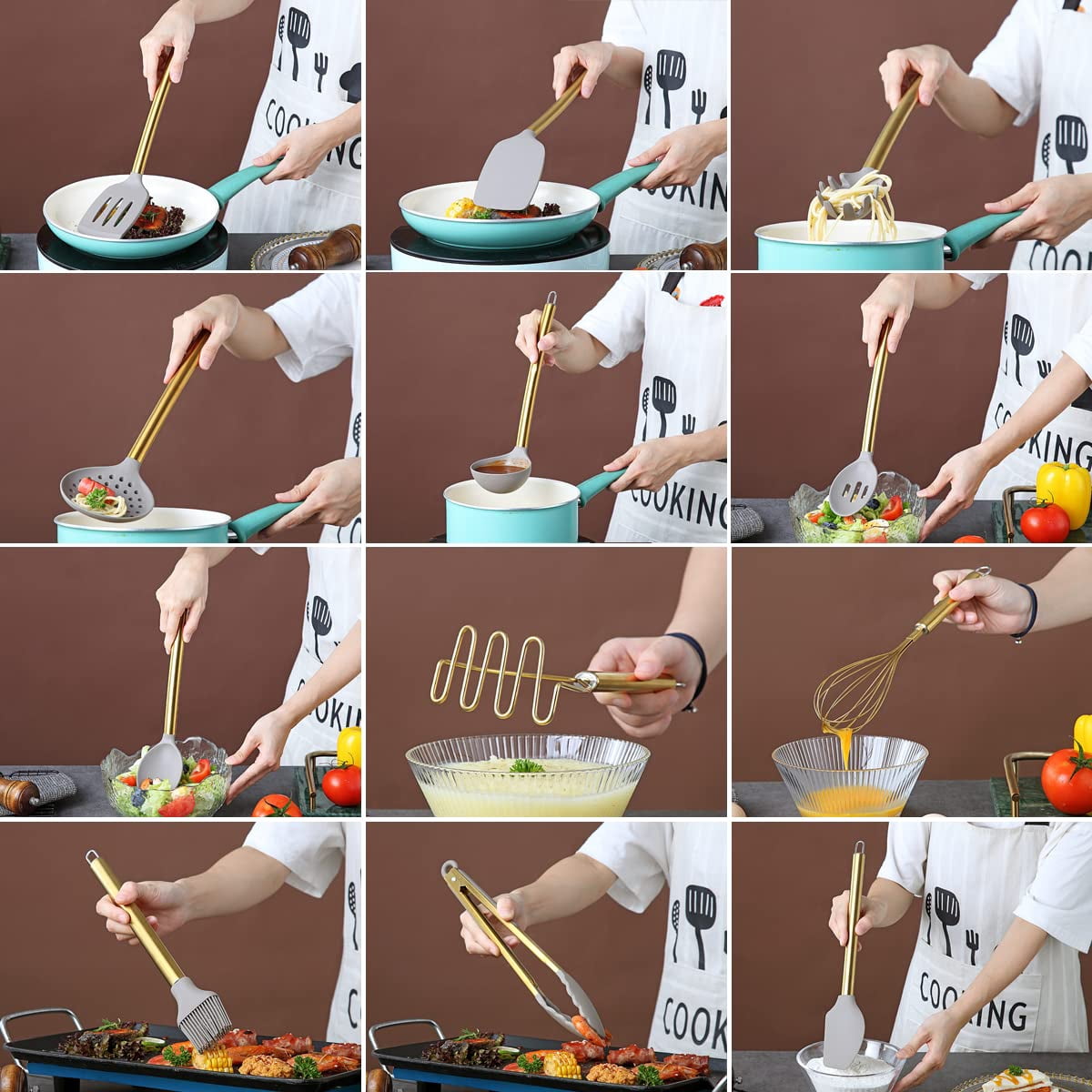 ReaNea Gold 38 Pieces Silicone Kitchen Utensils Set With Sturdy Stainless Steel Utensil Holder