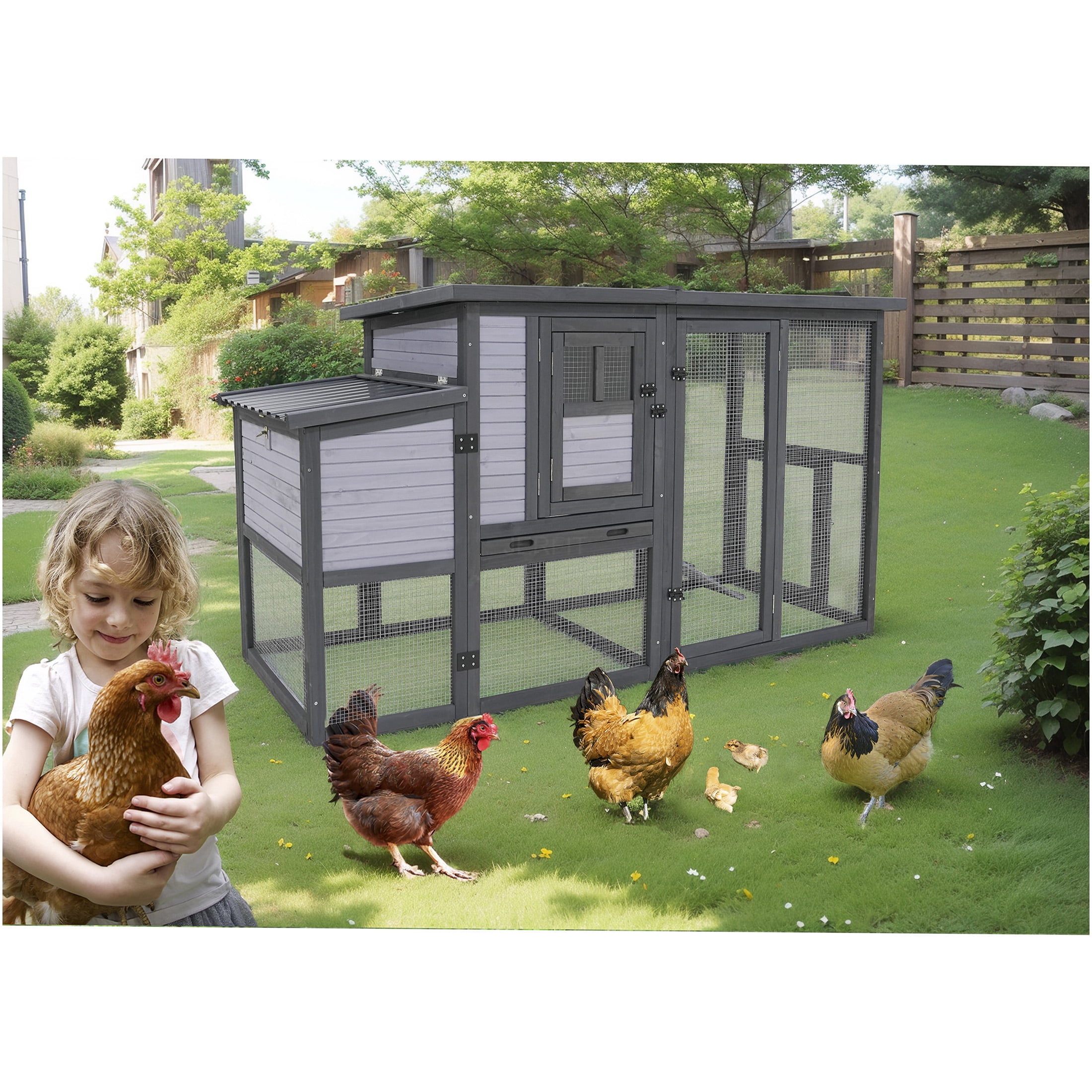 JERFIT 79 Inch Large Outdoor Chicken Coop with Waterproof Asphalt Roof, 2 Nesting Boxes, Upgraded Perches & Removable Floor for Easy Cleaning, Wooden Poultry Duck Rabbit Hutch House, Blue Grey