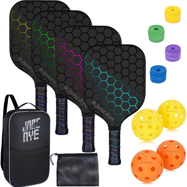 Set de palas JonCaye para pickleball con 4 raquetas y pelota de fibra de vidrio