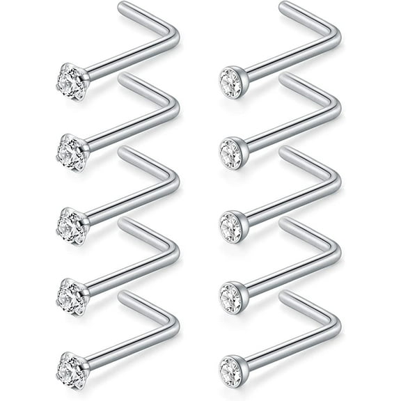 Briana Williams L Shaped Clear CZ 316L Stainless Steel 18G Nose Studs, 2mm, 10pcs