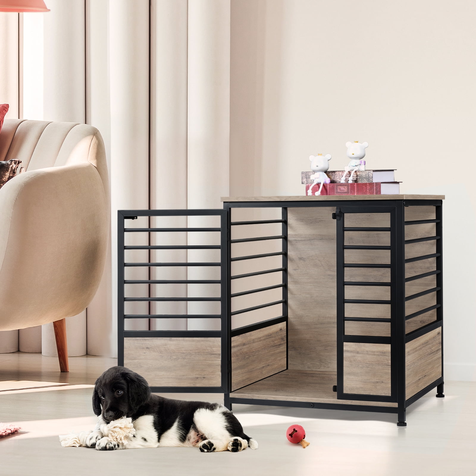 Small Dog Crate Cage Living Room Side End Table, Gray-Beige