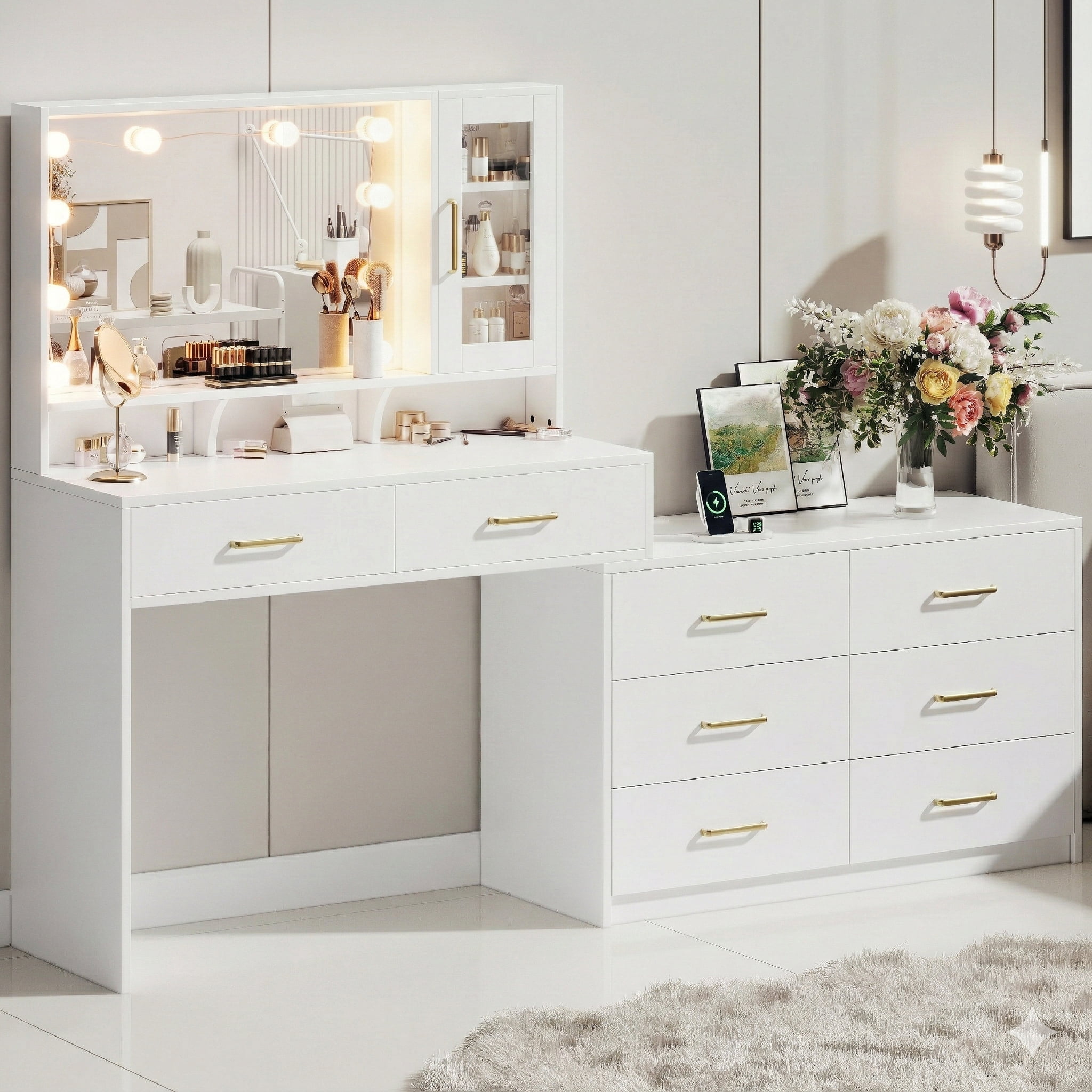 UGTOO 59" Makeup Vanity Desk with LED Lights & Mirror,8 Drawers,USB Charging Station,Adjustable Storage,Sturdy Dressing Table for Bedroom