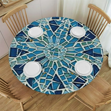 

Tllo0ord Round Fitted Tablecloth with Elastic Edge Geometrical Pattern Mosaic and Print Polyester Table Cover XXSmall Fit Round Table Diameter for Restaurant Banquet 54-58